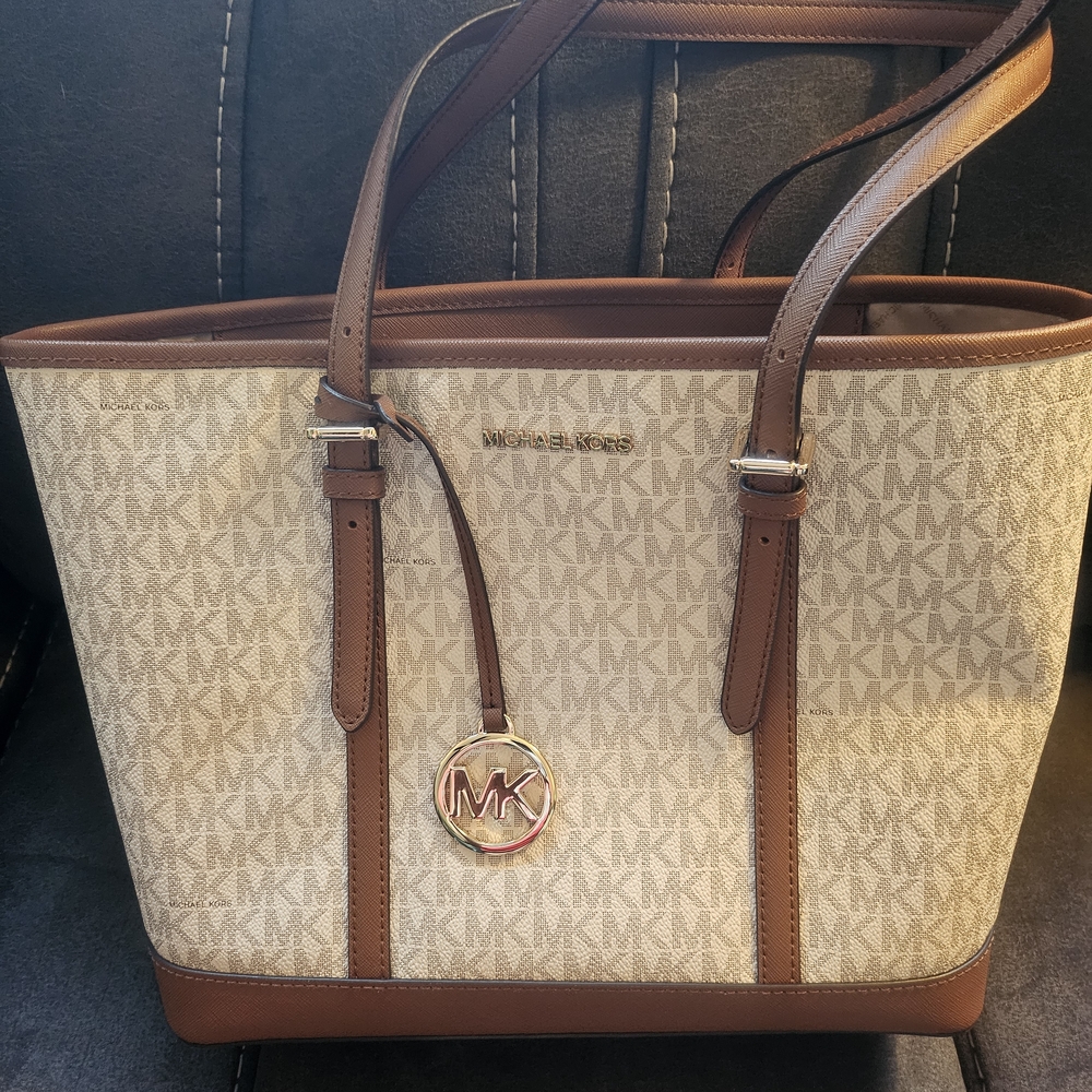 Michael Kors Cream and Brown MK Tote